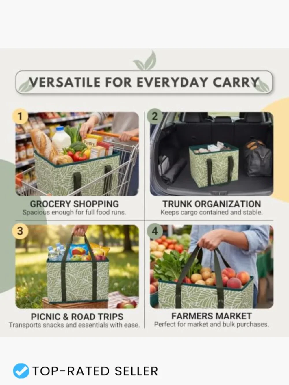 Reusable Grocery Bags 3-Pack Foldable Totes Heavy Duty Stand Up 45lb Eco